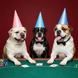 Dogs playing poker wearing funny hats