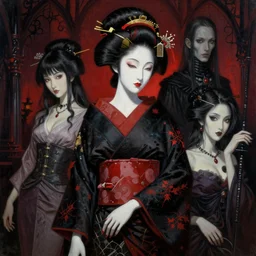 realistic detailed image of Geisha Android, by Ayami Kojima, Amano, Karol Bak, Greg Hildebrandt, and Mark Brooks, Neo-Gothic, gothic, rich deep colors. Beksinski painting, part by Adrian Ghenie and Gerhard Richter. art by Takato Yamamoto. masterpiece