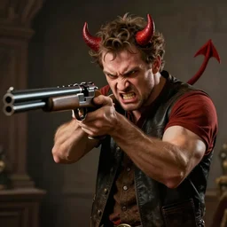 angry white man killing the devil with a shot gun, funny, meme, detailed,