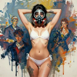 portrait of cosplay model girl, gundam styled mask respirator on mouth, hands up behind head, in white bikini, tattoos, by ashley wood, yoji shinkawa, jamie hewlett, 6 0's french movie poster, french impressionism, paint drips, dry brush background colors, palette knife and big brush strokes, asymmetrical, concept art