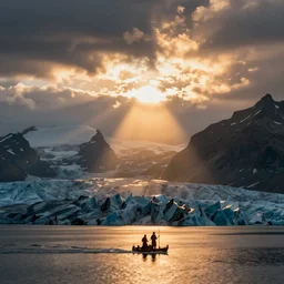 vikings sailing on a glacial lake, landscape photography by marc adamus, mountains, sunset, dramatic lighting, glacial lake clouds, beautiful,