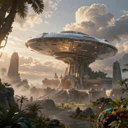 very detailed photograph of an elaborate martian ancient alien temple complex, with lighted reflective chrome saucer spacecraft overhead, misty at sunset with volumetric lighting. sunlit cumulonimbus storm clouds float over. alien foliage, rocks with strange lichen. atmospheric haze, radiosity