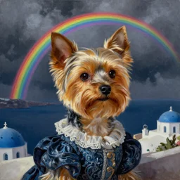 Yorkshire Terrier under a rainbow in Santorini in the style of Lady with an Ermine, head and shoulders portrait, stormy weather, extremely detailed masterpiece, oil on canvas, low-key neon lighting, artstation, Blade Runner 2049, Roger Deakin’s cinematography, by J. C. Leyendecker and Peter Paul Rubens and Edward Hopper and Michael Sowa,