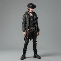 a nerdy goth guy wearing vr headset and eccentric jewelry by jamie hewlett :: full body character concept art, full body, detailed