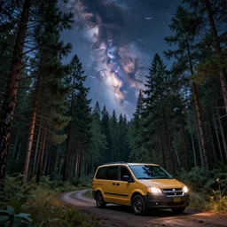 psychedelic, trippy, dodge grand caravan, pine forest, moons, milky way, cartoon by rob gonsalves