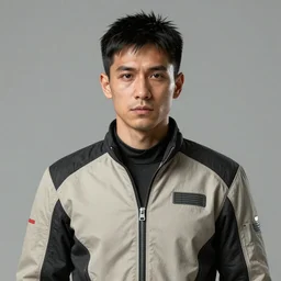 Highly detailed concept art of male sci-fi character portrait in his 30's, features between French, Turkish and Russian with short black hair on the sides and a fringe dressed in a beige and black jumpsuit, 4K Trending at Artstation HQ