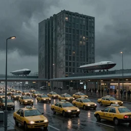 brutalist architecture, rainy day, ominous evening, crowded airport, taxis, cargo spaceships, matte painting by greg rutkowski and craig mullins