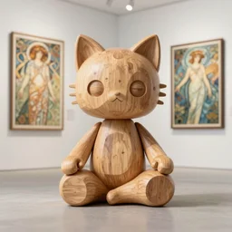 8k octane render ultra photorealistic detailed a wooden sculptureart toys wooden on feet very cute robot with cat ears zen meditationa on contemporary art gallery and néo Paris by Alphonse Mucha and Artgerm