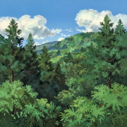 forest with bue sky and clouds ,  very detailed painting by kyoto animation