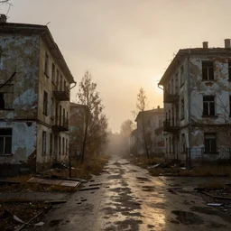 abandoned houses, dilapidated Chernobyl city street, fog, rain, volumetric lighting, beautiful, golden hour, sharp focus, ultra detailed, cgsociety
