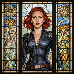 Portrait of Scarlet Johansson as Black Widow by Mohrbacher and Moebius and Alphonse Mucha, broken stained glass windows n 5