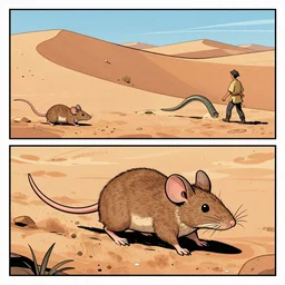 incredible comic panel showing a desert mouse complete the ritual of manhood by capturing and riding a sandworm of the deep desert