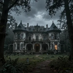 a haunted old villa in the middle of an ancient forest, ominous Sky, gloomy atmosphere, cinematic, mist, High definition, 8k, ultra detailed