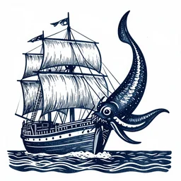 linocut illustration of a giant squid attacking an old sailing ship