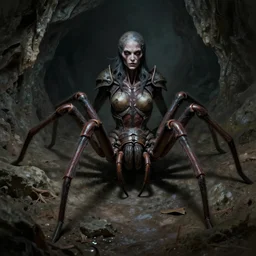 creepy matte painting of an armored female spider centaur with eight spider legs in a dark cave, ultra detailed, monster, half human half spider, human torso and head, human face, human arms, spider thorax, creature design, concept art, 8 k, moody lighting, muted colors, dramatic lighting, realistically proportioned face, stan winston studios