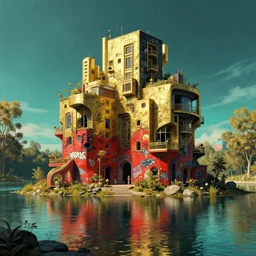 photo hyper realistic concept architecture art house solarpunk in the funny big lake, red graffiti style futuriste brutalism,, gold and black turquoise ratio, octane render excellent composition style alphosne mucha