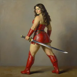 “ she warrior with brunette long hair with a katana sword wearing red long boots painting with the style of botero ”