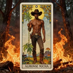 a dramatic ethereal epic symmetrical painting of a handsome black man holding a plant | he is shirtless and wearing a cowboy hat and boots | background is a forest fire conflagration flames | tarot card, art deco, art nouveau, homoerotic, realistic | by Dresden Codak, by Mark Maggiori and ((((Alphonse Mucha))) | trending on artstation