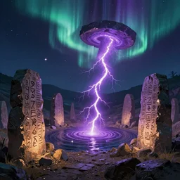 concept art, the night of the aurora, the mysterious atlantis valley basin's huge rune stone tablets appear space distortion, gravel floating, warm, purple lightning, creation vortex tornado, starlight rippling, dreamlike, magnificent movie scenes, strokes, bright colors, trending on artstation