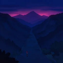 cartoon paul lehr narrow night landscape with farawaymountains dark blue tones magenta lights