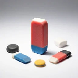 miniature eraser collection, photorealistic, isolated on a pure white background, centered, entire object in frame, sharp focus, soft studio lighting