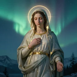 mt rainer virgin mary portrait blended with beautiful aurora sky