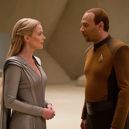 bene gesserit having a conversation with captain picard, cinematic, photo realistic, 4 k, hdr high detail