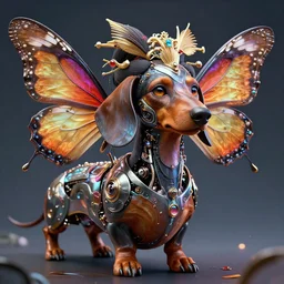 by par olofsson and tristan eaton, visually stunning, cinematic, ultra realistic, hyper realism, 1 2 k, epic, octane render, unreal engine, vfx, maya, the essence of art is passion : fresh air, butterfly dachshund : cyborg geisha, robotic : machina, super intricate ornaments : the fluidity of creativity