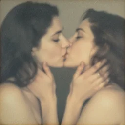 a scratched, textured, severely chemically damaged, multilayered gum bichromate print of a blurry, dreamy faint close - up by david lachapelle of women kissing romantically.