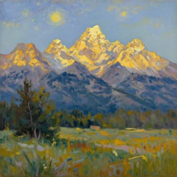 serenity at grand teton national park, oil on canvas artwork by vincent van gogh, nostalgic, golden hour, starry night