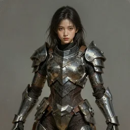 a photorealistic painting of an attractive young girl, partially clothed in dirty metal-plated battle armor, dirty olive skin, long dark hair, beautiful bone structure, perfectly symmetrical face, perfect eyes, intricate, elegant, action pose, digital painting, concept art, illustration, sharp focus, minimal artifacts, volumetric lighting, from Metal Gear, in the style of Ruan Jia and Mandy Jurgens and Greg Rutkowski, trending on Artstation, award winning