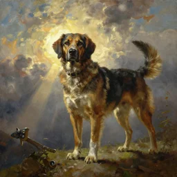 dog as hunter with weapon, strong sun backlight sunrays  body , extreme very textured detailed portrait oil painting by rembrandt,   dramatic clouds and  atmosphere