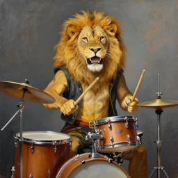 a painting of a lion in a superstar outfit playing the drums with great energy, by rembrandt, featured on artstation