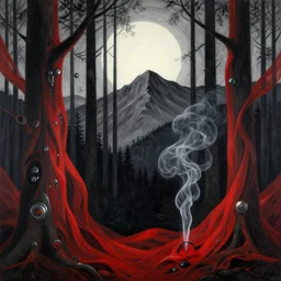 magical matte forest overlooking the mountains, chiaroscuro, red fabric, metalic parts, transparent smoke from hell, notan sun in the background, abstract, surreal art, painted by beksinski and android jones