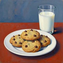 a painting of plate of chocolate chip cookies and a glass of milk, a still life by juliette wytsman, featured on deviantart, american impressionism, rich color palette, neo - fauvism, acrylic on canvas