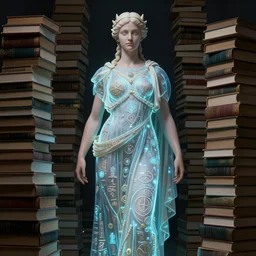 a portrait of the goddess minerva surrounded by stacks of books, bioluminescent gown with deep level of detail of esoteric symbols, urban motifs, intricate, elegant, highly detailed, digital painting, trending on artstation, concept art, smooth sharp focus, illustration, art by artgerm and greg rutkowski, 8 k resolution, surrealism