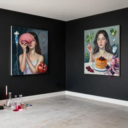 an empty apartment with black walls and a portrait of a female art student holding a brain, iv drip, pomegranate, organic, femme, high voltage, pancakes, berries, octopus, surgical supplies, pig, scientific glassware, art materials, candle dripping wax, berry juice drips, neo - expressionism, surrealism, acrylic and spray paint and oilstick on canvas
