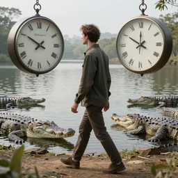 man with clocks as eyes walking near lake with crocodiles, high detail, soft lighting, intricate, 8 k