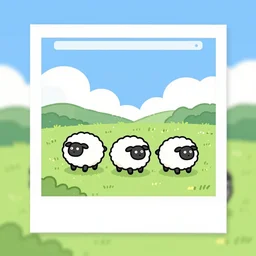 three cute human like sheeps + furry, walking on a polaroid, micro - landscape, comic paint,