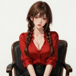 sexy girl with braided brown hair, wearing a low cut blouse, and sitting in a chair, highly detailed, painting, red and black color palette, intricate, high quality anime artstyle