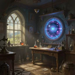 interior shot of a cluttered wizard laboratory with a portal to another world. inspired by alchemy lab and victorian laboratory. a desk next to a window with a scenic view. digital painting, fantasy setting.