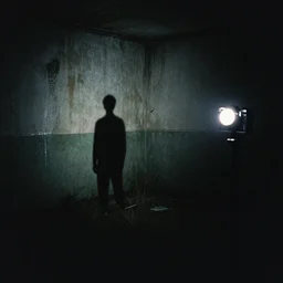 Photograph of an abandoned 1940s liminal space, shadow man standing in corner, dark, no lights, moist, taken using a film camera with 35mm expired film, bright camera flash enabled, award winning photograph, creepy, liminal space
