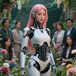 perfect android girl, rose hair, cyborg, flowers, cinematic lighting, garden, beautiful girl, kim hyun joo, advanced technology, futuristic, art by ilya kuvshinov and akiko takase and eugene gottsnake and stanislav istratov and su fu and antoine collignon