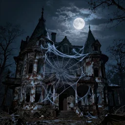 a dark and corroding mansion at night covered in intricate spider webs, moonlit,