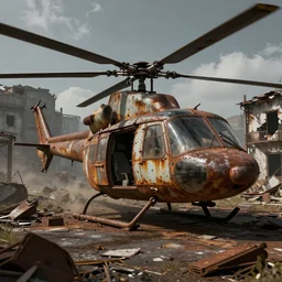 apocalyptic, ruined town. rusted helicopter. volumetric lighting, sharp focus, ultra detailed, cgsociety - w 1 0 2 4 - n 8 - i