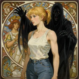 portrait of a woman being stalked by a wraith, blonde ponytail, tank top, jeans, horror, film still, finely detailed features, baroque, digital painting, studio ghibli, tankobon, painted by ilya kuvshinov and krenz cushart and william - adolphe bouguereau and alphonse mucha
