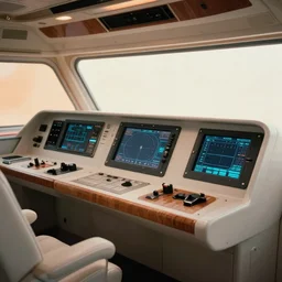 Film still of the bridge of a space ship, large viewscreens, control panels, white plastic, black interface, wood effect, high end interior, soft orange and cyan highlights, neutral light, soft edges, calm feeling, Cinestill colour cinematography, anamorphic