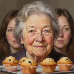 beautiful lifelike painting of my name is grandma personas and i will not settle for these poorly made muffins, hyperreal detailed facial features and uv lighting, art by ed roth and basil wolverton