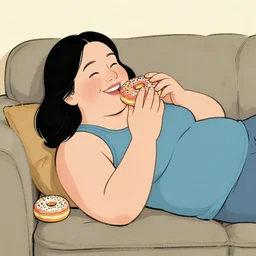 a happy robust woman laying on a couch eating donuts, artist robert crumb