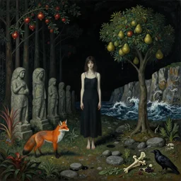 realistic painting of solid black night sky during a war, tall emo girl forest, stone sculptures, a fox, a pear tree, black melting sky, cliffs, waves breaking, stones, black puddles, pomegranate tree, bromeliads, herbs, raven, bones, berries, zen, sensual, surrealist painting by magritte and monet and van gogh